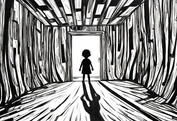 an illustration of an abstract interpretation illustration  of loneliness, abuse and isolation, as experienced by a child. boy, girl, kid, youth - obrazy, fototapety, plakaty