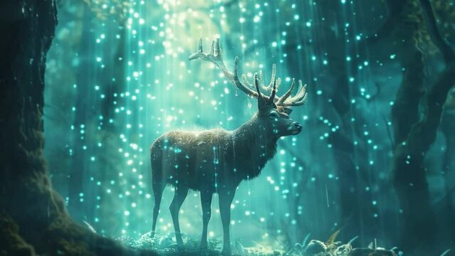 A deer is standing in a forest with a blue sky above it 4K motion