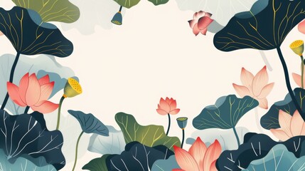 Soft and serene, this artistic depiction of lotus blooms and leaves in calming hues offers a tranquil visual experience, perfect for themes of peace and meditation.