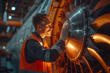 Aeronautical engineer in high visibility vest inspecting the turbine of jet engine with a flashlight in the spacious aircraft repair factory.