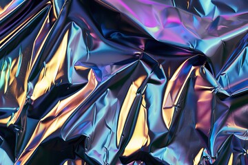 Luxurious metallic fabric with holographic sheen creating folds, reflecting light with pink and blue tones. - obrazy, fototapety, plakaty