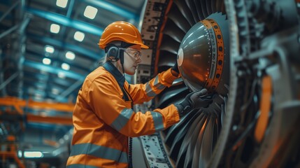 Fototapeta na wymiar Aviation engineer in safety gear meticulously inspecting the turbine of a commercial airplane, using advanced diagnostic tools, in the spacious aircraft repair factory.