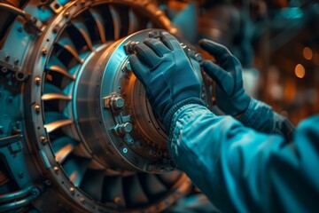 Close-up of an aeronautical engineer's hands adjusting components inside the jet engine of a commercial airplane in the spacious aircraft repair factory. - obrazy, fototapety, plakaty
