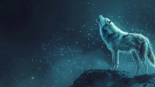 A wolf is standing on a rocky hillside, looking up into the sky 4K motion