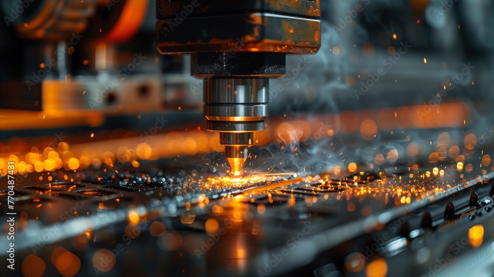 Poster cnc metal fabrication with dynamic sparks. dynamic image of cnc machining process with sparks illumi