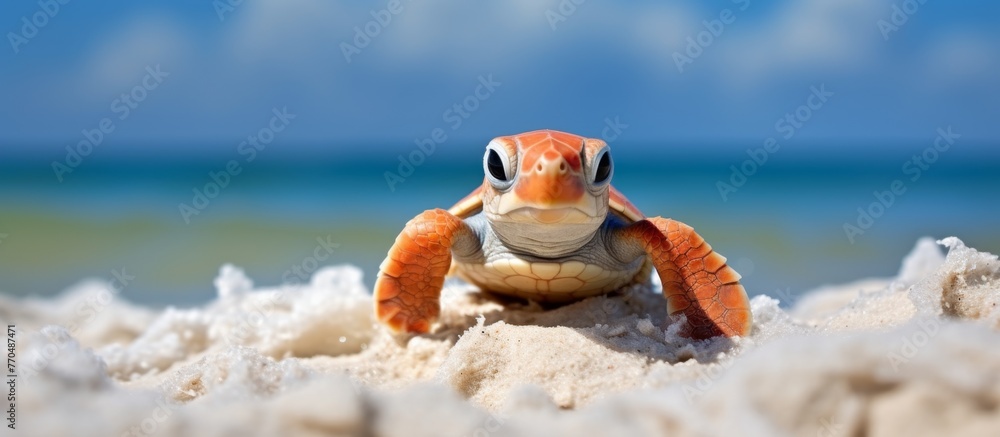 Poster A tiny baby sea turtle is making its way across the sandy beach towards the water, leaving behind its terrestrial surroundings for a liquid landscape adventure