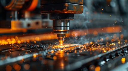 CNC Metal Fabrication with Dynamic Sparks. Dynamic image of CNC machining process with sparks illuminating the detailed metal fabrication work.