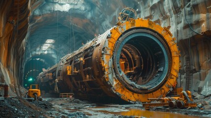 Massive Tunnel Boring Machine in Underground Construction. Imposing Tunnel Boring Machine dominates the subterranean landscape during a large-scale underground excavation project. - obrazy, fototapety, plakaty