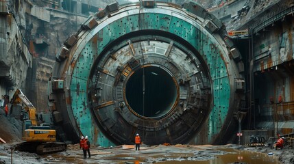Tunnel Boring Machine at an Underground Construction Site. Engineers work near a giant Tunnel Boring Machine ready for an underground drilling operation at a construction site.