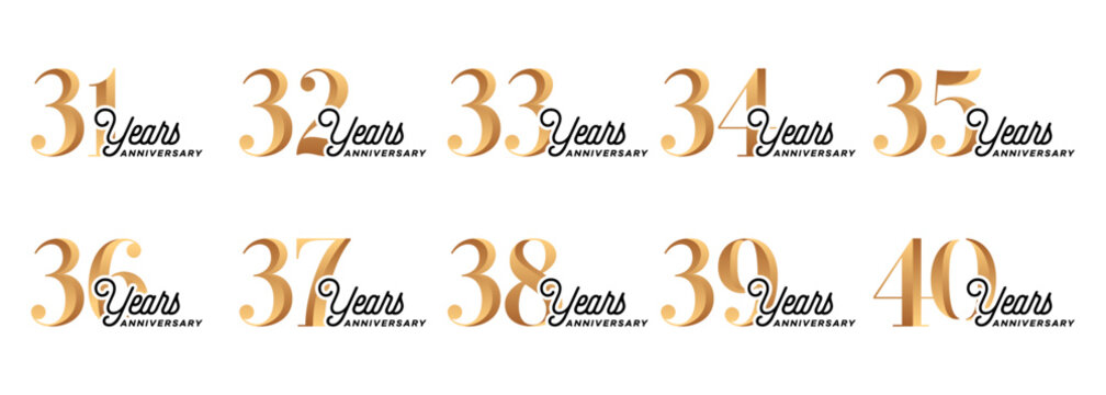 set of anniversary logos from 31 year to 40 years with gold numbers on a white background for celebratory moments,celebration event.