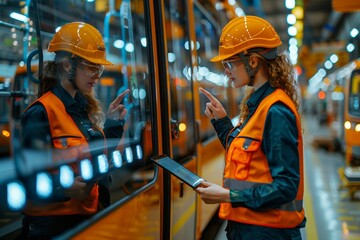 Female Engineer Analyzing Train Panel. Female engineer wearing a safety helmet and glasses is focused on analyzing the control panel of a high-speed electric train. - obrazy, fototapety, plakaty
