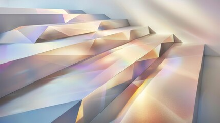 A soft lit staircase made of flat geometric facets that shimmer with a holographic sheen, embodying a modern minimalist aesthetic. - obrazy, fototapety, plakaty