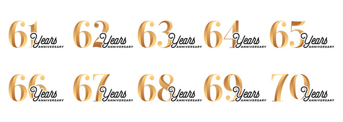 set of anniversary logos from 61 year to 70 years with gold numbers on a white background for celebratory moments,celebration event.