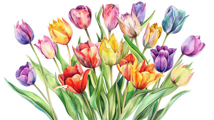 Obraz premium Watercolor illustration of colorful tulips, in various shades of red and yellow, pink, purple, blue, green and orange on a white background