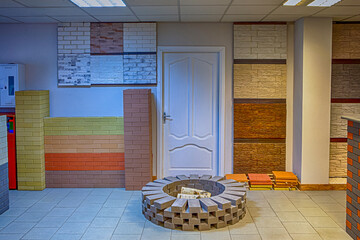 Interior of Showroom of Construction Materials Production Company With Equipment and Decorated Walls.