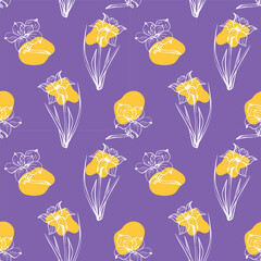 Seamless pattern with spring and summer colors. Sketch-style magnolia and narcissus pattern, hand-drawn on violet background for unique packaging designs and flower shops in vintage style