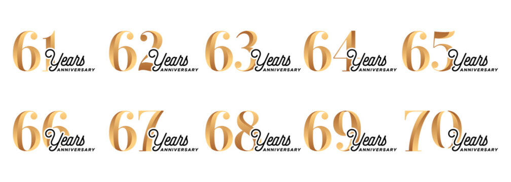 set of anniversary logos from 61 year to 70 years with gold numbers on a white background for celebratory moments,celebration event.