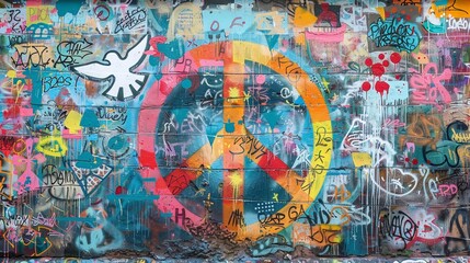Urban wall with vibrant graffiti showcasing Symbols of Peace. Colored rainbow flag, the iconic peace sign, and a white dove in flight. Street Art. AI Generated