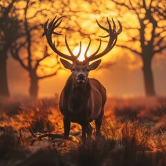 large magestic deer with big pointy antlers standing in a clearing at sun set	