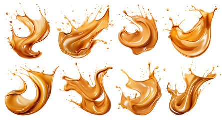 Set of delicious caramel splashes, cut out - obrazy, fototapety, plakaty