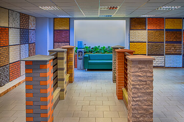 Interior of Showroom of Construction Materials Production Company With Equipment and Decorated Walls.