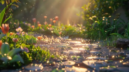 The garden path glimmers under a dawn sky, with each water droplet reflecting the tranquil morning light, bringing the greenery to life.