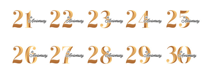 set of anniversary logos from 21 year to 30 years with gold numbers on a white background for celebratory moments