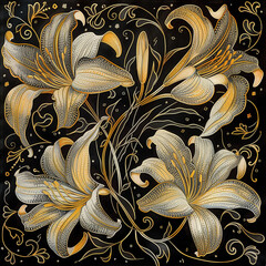 imitation batik of blooming lilies in Art Nouveau style