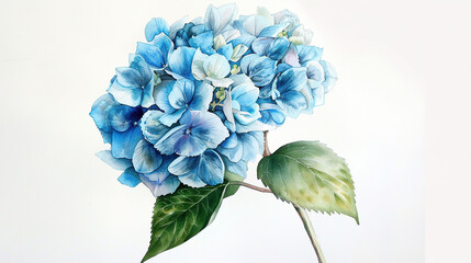Watercolor painting of blue hydrangea isolated on white background