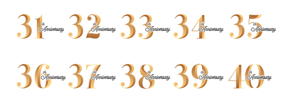 set of anniversary logos from 31 year to 40 years with gold numbers on a white background for celebratory moments,celebration event.