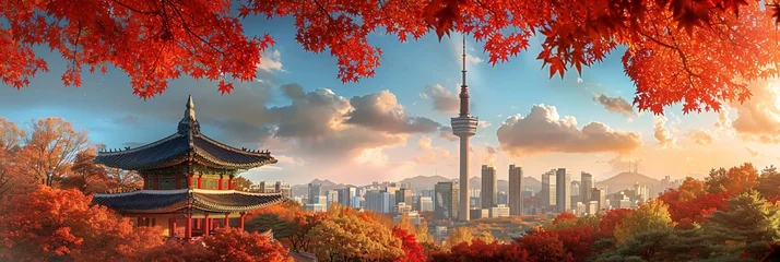 Papier Peint photo Rouge violet Autumn's embrace at Namsan Tower and pavilion, a canvas of fall colors in the heart of Seoul