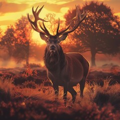 large magestic deer with big pointy antlers standing in a clearing at sun set	