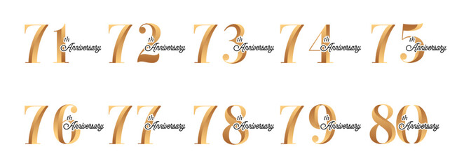set of anniversary logos from 71 year to 80 years with gold numbers on a white background for celebratory moments,celebration event.