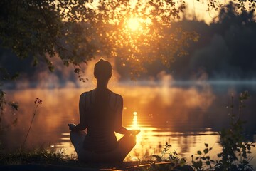 Silhouetted Figure Meditating at Serene Lakeside Sunset