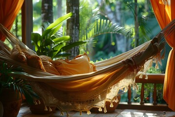 Indulging in Relaxation after a Day of Excitement in a Cozy Hammock Amidst Lush Tropical Greenery - obrazy, fototapety, plakaty