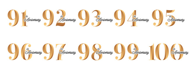 set of anniversary logos from 91 year to 100 years with gold numbers on a white background for celebratory moments,celebration event.