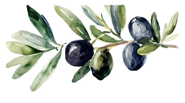 Olive branch watercolor with black olives isolated on  white background