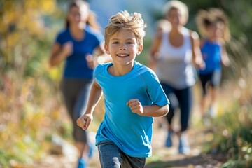 Obraz premium Cheerful Young Boy Leading Family in a Fun Run on a Sunny Nature Trail, Promoting Healthy Active Lifestyle and Family Bonding