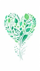 A heart made of leaves and flowers. The heart is green and white. The leaves and flowers are arranged in a way that makes it look like a heart. Ecology theme. Eco-friendly dishes.