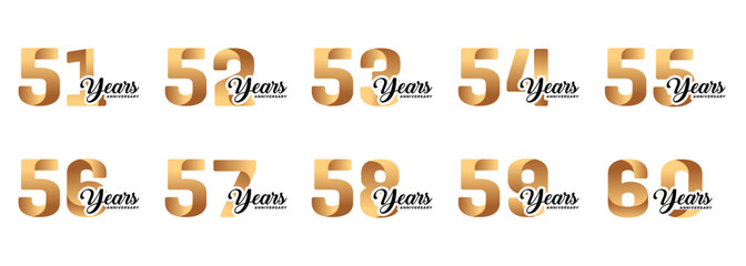 set of anniversary logos from 51 year to 60 years with gold numbers on a white background for celebratory moments,celebration event.