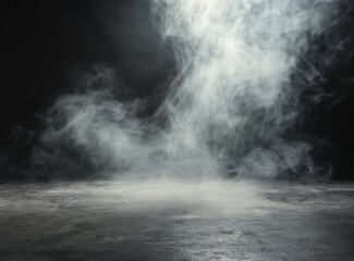 A dimly lit room with smoke billowing from the ceiling