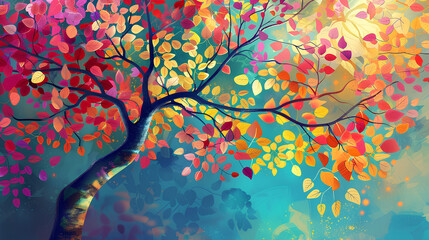 Colorful tree with leaves on hanging branches illustration background. abstraction wallpaper. Floral tree with multicolor leaves