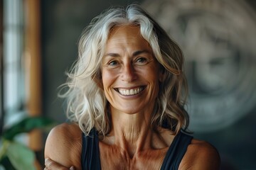 Radiant Smile of a Senior Fitness Enthusiast Embracing Life with Vigor and Grace - obrazy, fototapety, plakaty
