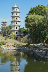 Fukushūen traditional Chinese garden in the Kume area of Naha, Okinawa Japan with pagodas and pavilions with single pond extending into most sections of the garden © Tamme Wichmann