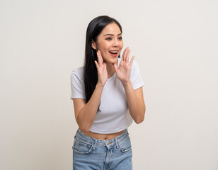 Wow Happy beautiful young asian woman excited pretty girl shout out loud wow with hands on mouth announcement standing pose on isolated white background. Attractive female