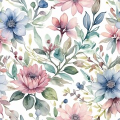Seamless pattern of pastel water color flora