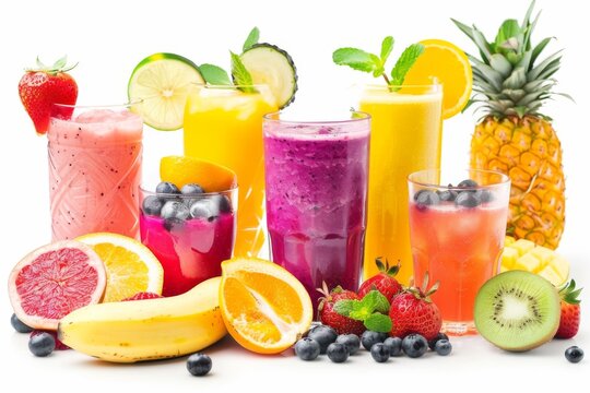 A colorful array of refreshing tropical fruit drinks, including agua frescas and smoothies, in a vibrant and tropical setting.