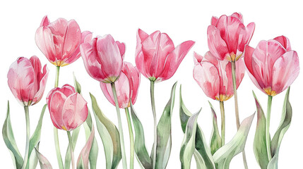 Pink tulips watercolor illustration on white background
