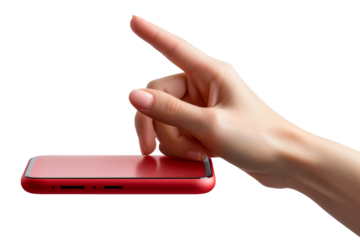 Hand Pointing at Red Cell Phone. On a White or Clear Surface PNG Transparent Background.