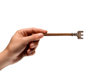Person Holding a Key in Hand. On a White or Clear Surface PNG Transparent Background.